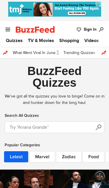 mobile screenshot of buzzfeed quizzes