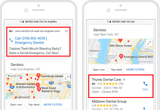 screenshot showing regular google ad alongside a map-based ad